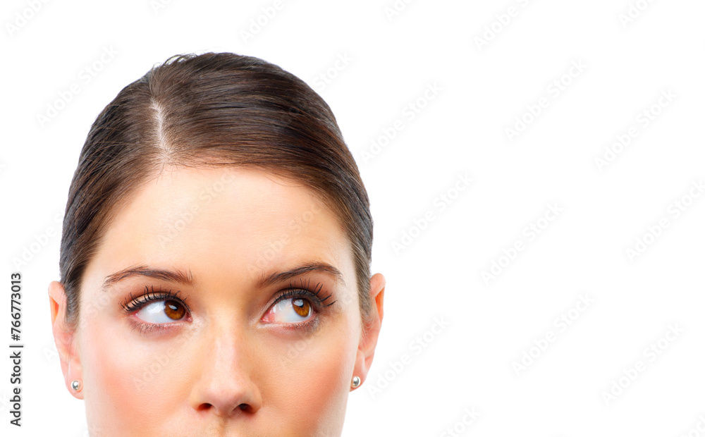 Closeup, thinking or woman with skincare, beauty or dermatology isolated on white studio background. Person, mockup space or model with wellness or cosmetics with decision, grooming routine or choice Closeup, thinking or woman with skincare, beauty or dermatology isolated on white studio background. Person, mockup space or model with wellness or cosmetics with decision, grooming routine or choice