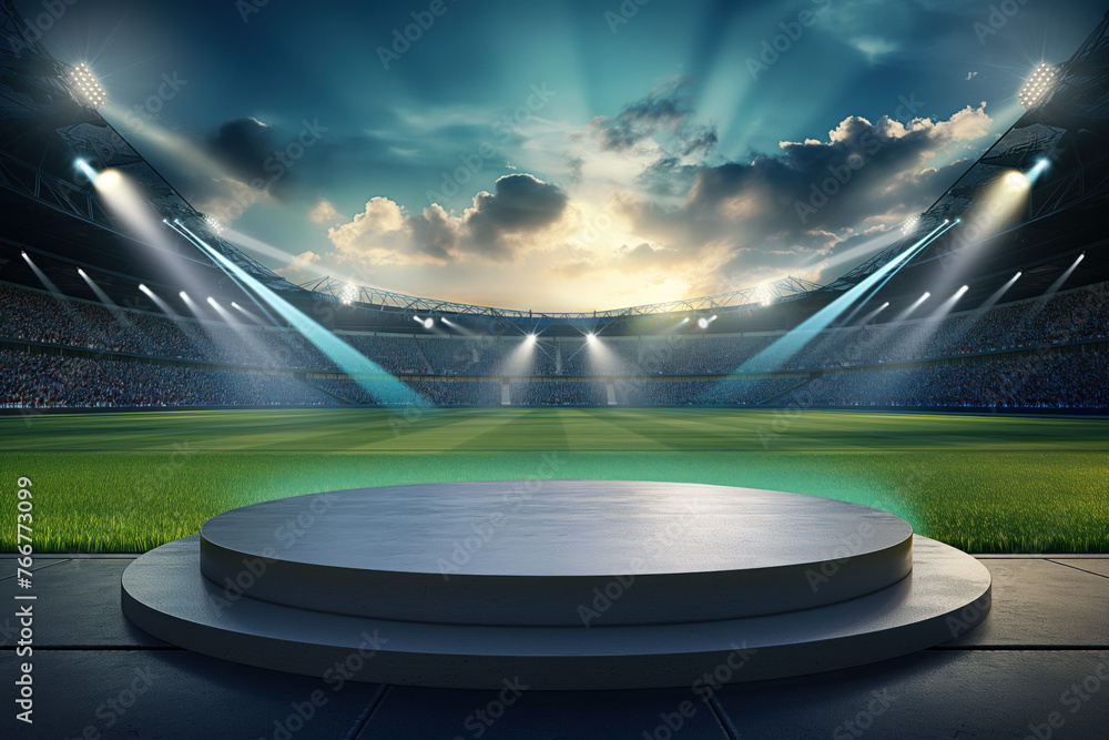 Cylindric podium on an arena world football stadium green field stadium - obrazy, fototapety, plakaty 
