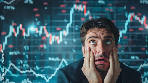 A man in distress holds his face in front of a stock chart, showcasing intense emotions as he navigates the turbulent market trends, depressed stock market trader © Fokke Baarssen