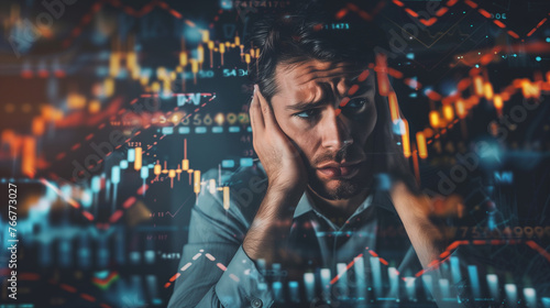 A man holds his head in despair while standing in front of a fluctuating stock chart, symbolizing financial stress and anxiety in the market, depressed stock market trader
