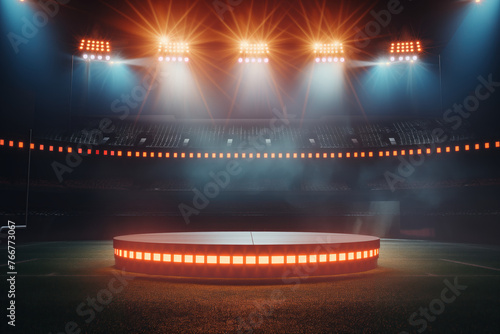 Cylindric podium on an arena world football stadium green field stadium