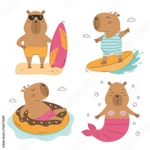 Summer tropical capybaras travel, surf and relax