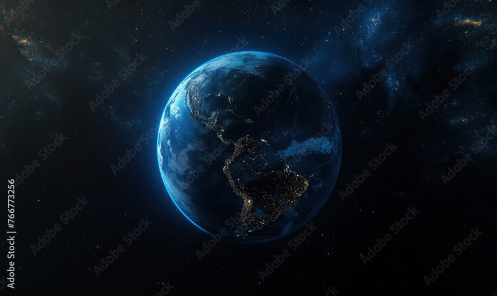 Sphere of planet Earth in outer space. City lights on planet.