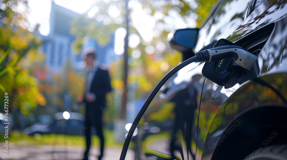 An electric car plugged into a charger, receiving power to fuel its eco-friendly drive towards a sustainable future An electric car plugged into a charger, receiving power to fuel its eco-friendly drive towards a sustainable future
