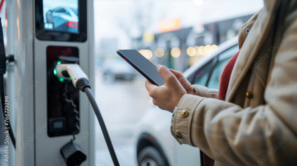 A person holding a cell phone next to a ev charge station, presumably checking their digital payment method or tracking their fueling progress - obrazy, fototapety, plakaty 