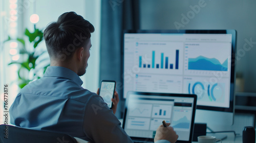 A person sitting at a desk, intensely engrossed in their cell phone, Close up back view of businessman work on computer and cellphone consider financial diagrams graphs. Male CEO or employee analyze f