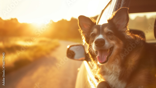 Cute dog hanging out of car window.