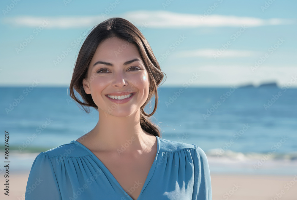 beautiful woman smiling by the ocean. summer vacation and travel concept beautiful woman smiling by the ocean. summer vacation and travel concept