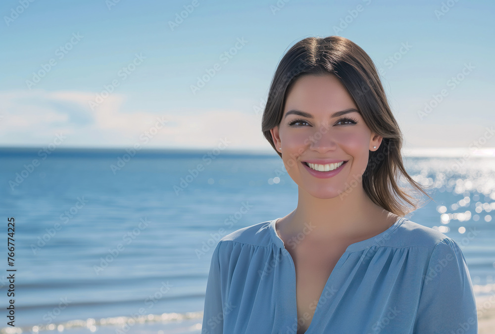 beautiful woman smiling by the ocean. summer vacation and travel concept beautiful woman smiling by the ocean. summer vacation and travel concept