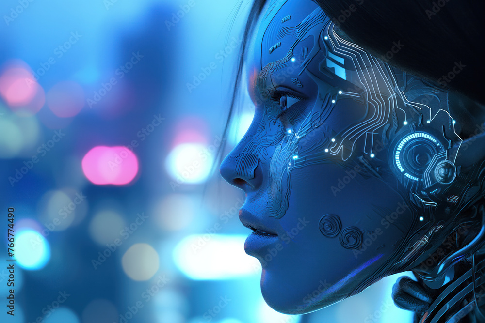 Beautiful female cyborg cyborg in a cyberpunk like city. Blue night colors. AI concept. Beautiful female cyborg cyborg in a cyberpunk like city. Blue night colors. AI concept.