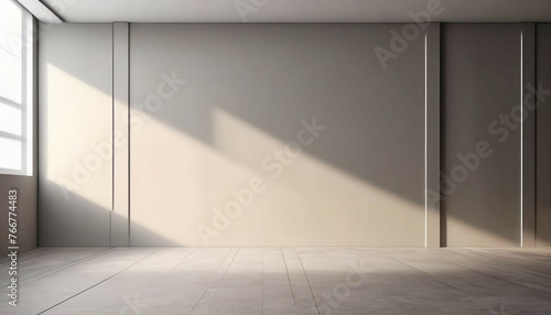 A light gray and beige wall with decorative panels and a smooth floor with interesting highlights and shadows. Universal background for presentation. photo