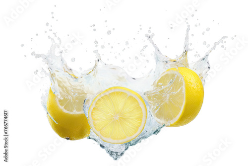Flying lemon slices with water splash, png file of isolated cutout object on transparent background.