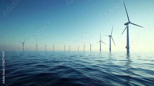Wind turbines on ocean. Environmental renewable green energy concept. 