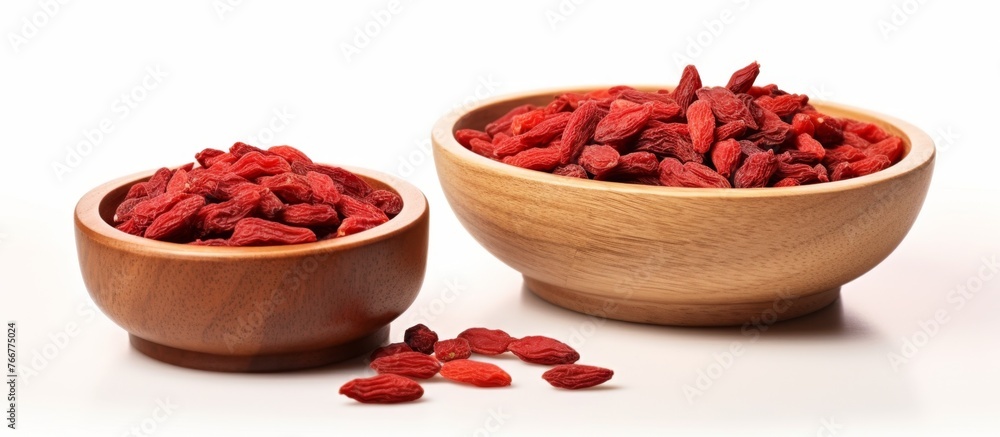 Two wooden bowls filled with dried goji berries, a red plant ingredient commonly used in various recipes and cuisines, on a white tableware background Two wooden bowls filled with dried goji berries, a red plant ingredient commonly used in various recipes and cuisines, on a white tableware background