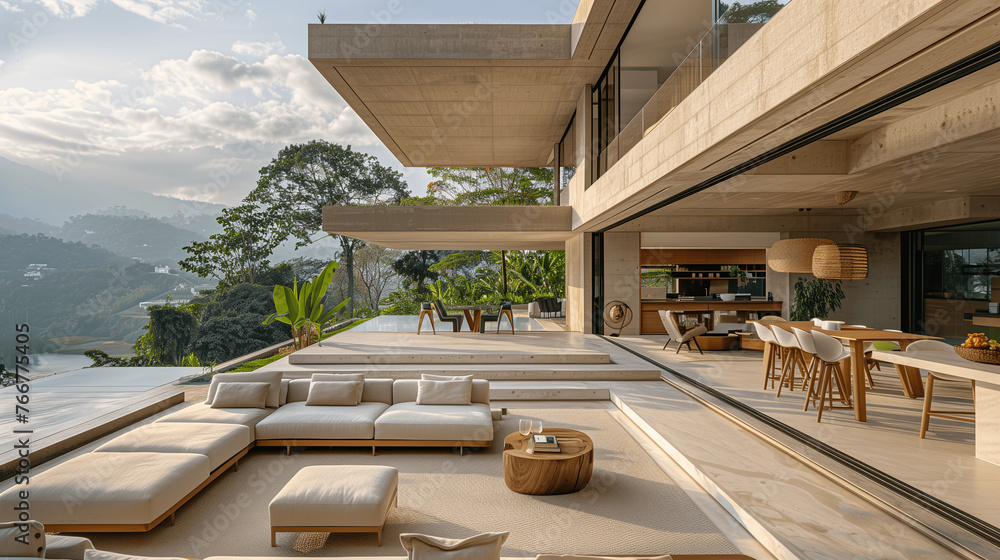 Fototapeta premium Modern Luxury Home Interior with Infinity Pool and Mountain View