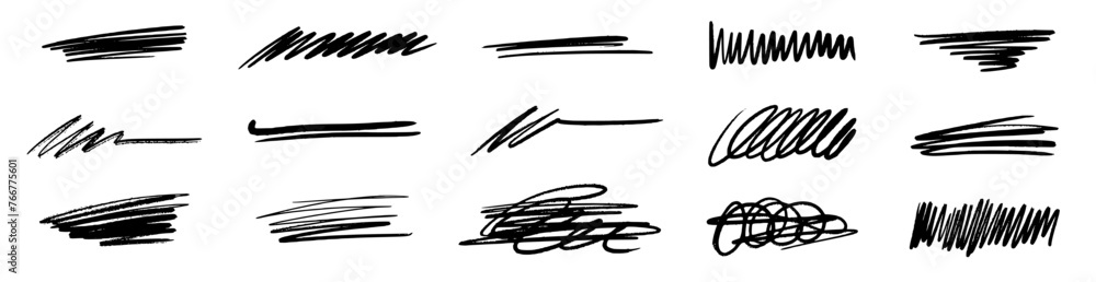 Line brush marker, pen, pencil stroke vector. Line brush marker scribble sketch underline. Hand drawn doodle pencil scratch mark. Scrawl texture underline effect. Vector illustration. - obrazy, fototapety, plakaty 