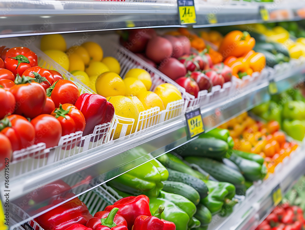 closeup on vegetables and fruits on the shelf in the supermarket, healthy lifestyle, raw diet