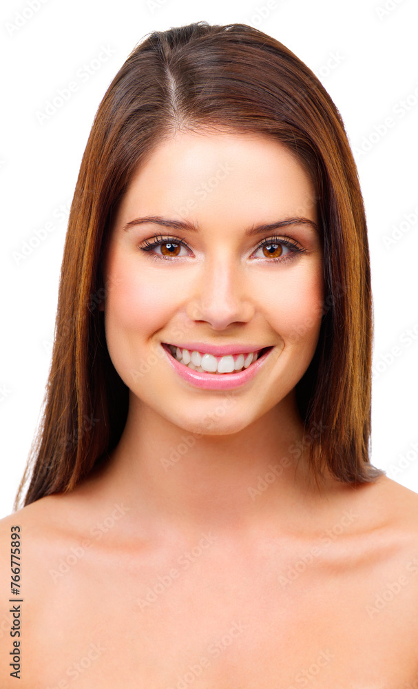Obraz premium Portrait, skincare and woman with cosmetics, smile and dermatology isolated on white studio background. Face, person or model with mockup space or shine with glow or wellness with beauty or self care