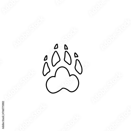 Paw print icon, pet shop logo, pet care, pet friendly, emblem, line drawing, hand drawn, modern calligraphy, one single line on white background, isolated vector illustration. (ID: 766775882)