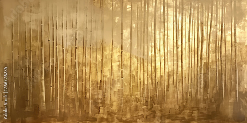 A bamboo forest on mulberry paper, monumental in style with a light amber palette and a gold leaf overlay and mist.