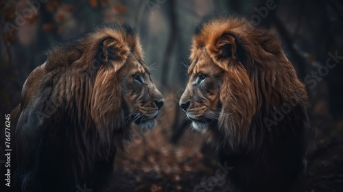 Two lions in a forest looking at each other  the style is dreamy and romantic with a close-up perspective.