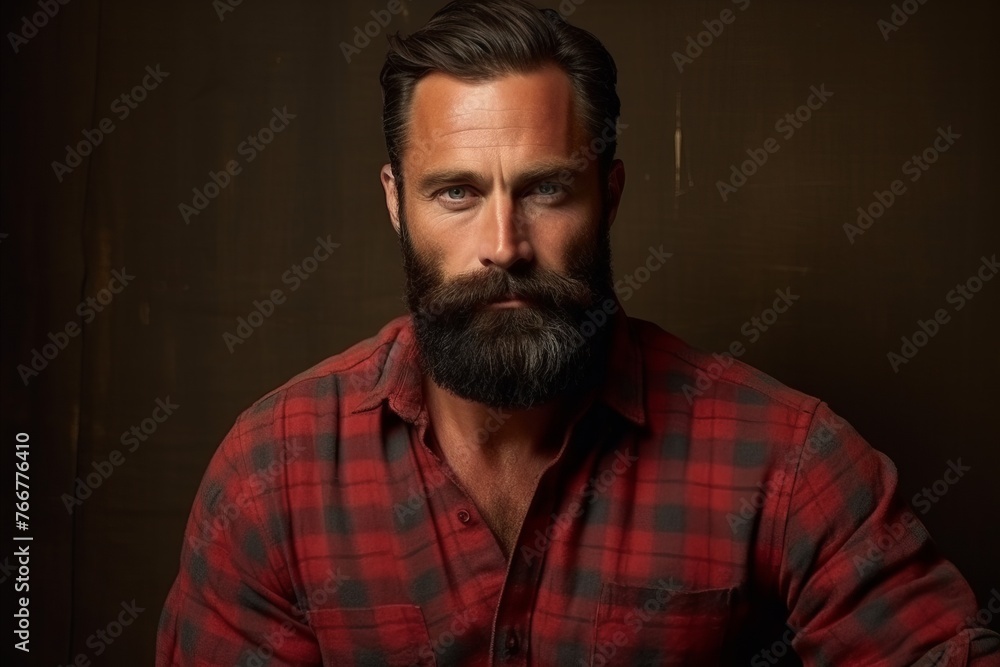 Portrait of a handsome man with long beard and mustache wearing a red checkered shirt Portrait of a handsome man with long beard and mustache wearing a red checkered shirt