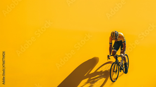 full size A professional cyclist navigating a challenging during a cycling race on yellow color background professional photography.