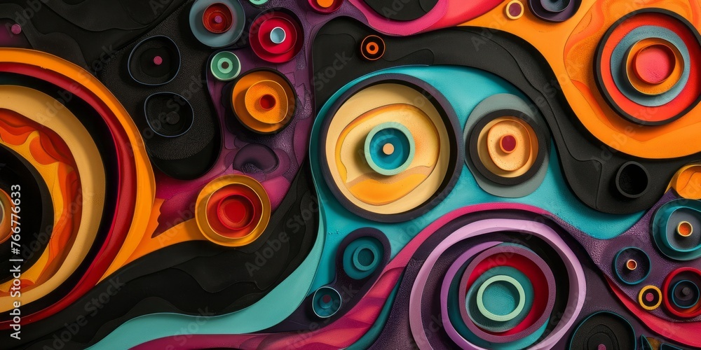 An abstract pattern features colorful circles, shown in a colorful biomorphic forms style with bold lines and vibrant color.