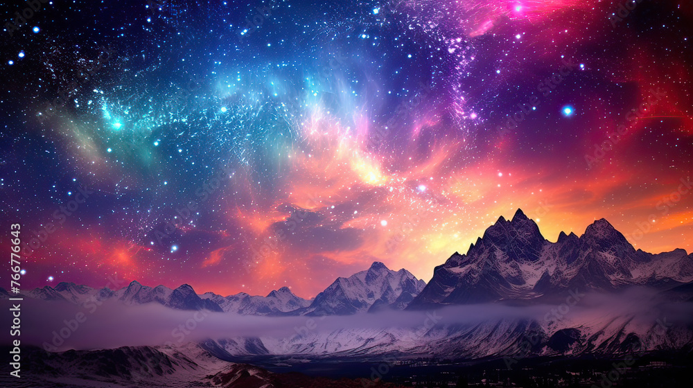 A dreamy, star-filled sky above a silhouette of mountains, with a colorful Milky Way arching overhead background Ai Generative