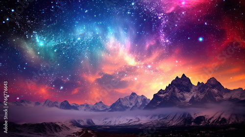 A dreamy  star-filled sky above a silhouette of mountains  with a colorful Milky Way arching overhead background Ai Generative