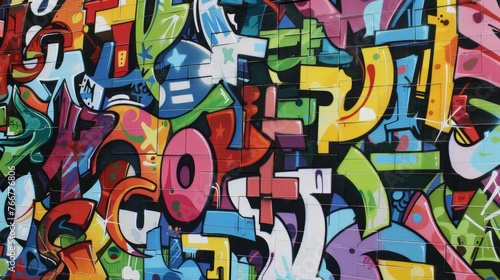 A graffitied wall covered in vibrant stylized typography in various fonts and colors representing the diverse voices and cultures of the urban environment.