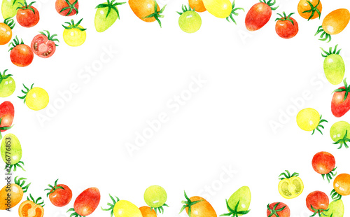 プチトマトのカラフルなフレーム 夏野菜の手描き水彩イラスト背景素材