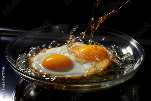 cooking scrambled eggs in a frying pan. kitchen and food. photo