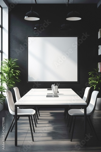 A black and white meeting room with a whiteboard wall and a blank white empty frame. © LOVE ALLAH LOVE