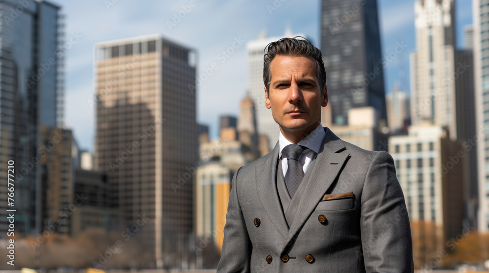 A confident businessman in bustling cityscape A confident businessman in bustling cityscape