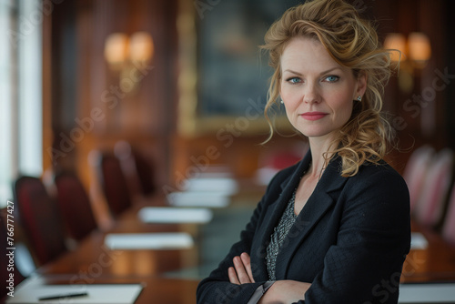 Businesswoman confidently leading a boardroom meeting