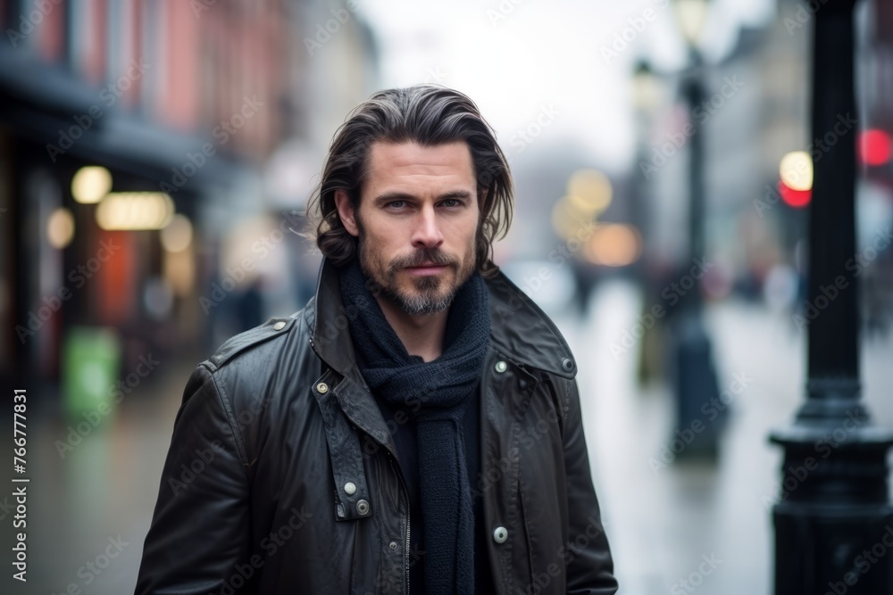 Portrait of a handsome man wearing a leather jacket in a city street Portrait of a handsome man wearing a leather jacket in a city street