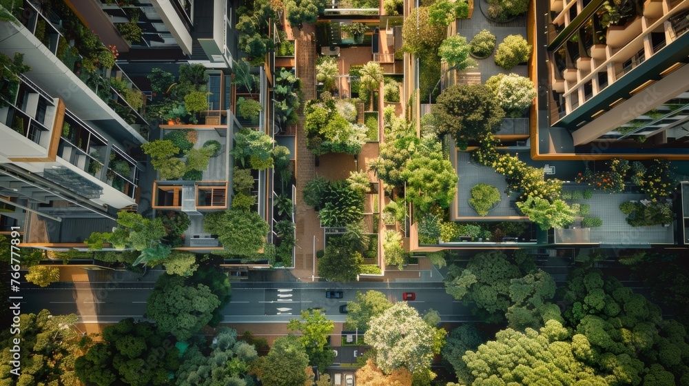 An aerial view shows the stark contrast between the stark grey concrete and the vibrant greenery that has managed to find its way into every nook and cranny of the city.
