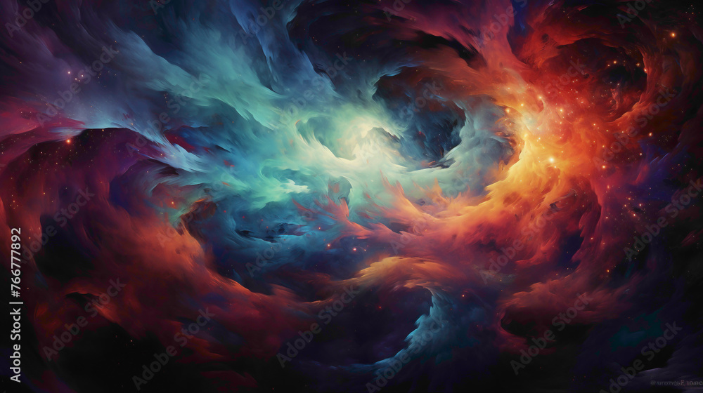 A luminescent vortex of swirling colors against a dark backdrop, evoking a cosmic dance.