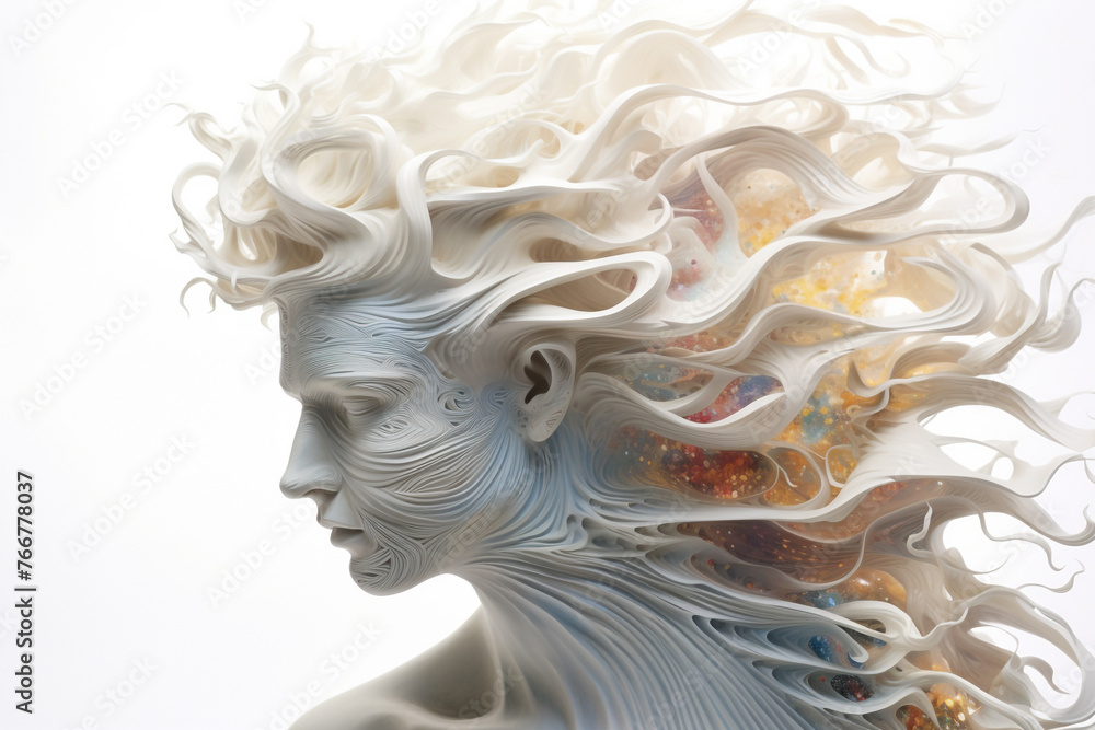 Beauty, fashion, states of mind, fine-art concept. Beautiful and surreal woman portrait made of colorful wavy pattern. Futuristic, minimalist and surreal style Beauty, fashion, states of mind, fine-art concept. Beautiful and surreal woman portrait made of colorful wavy pattern. Futuristic, minimalist and surreal style