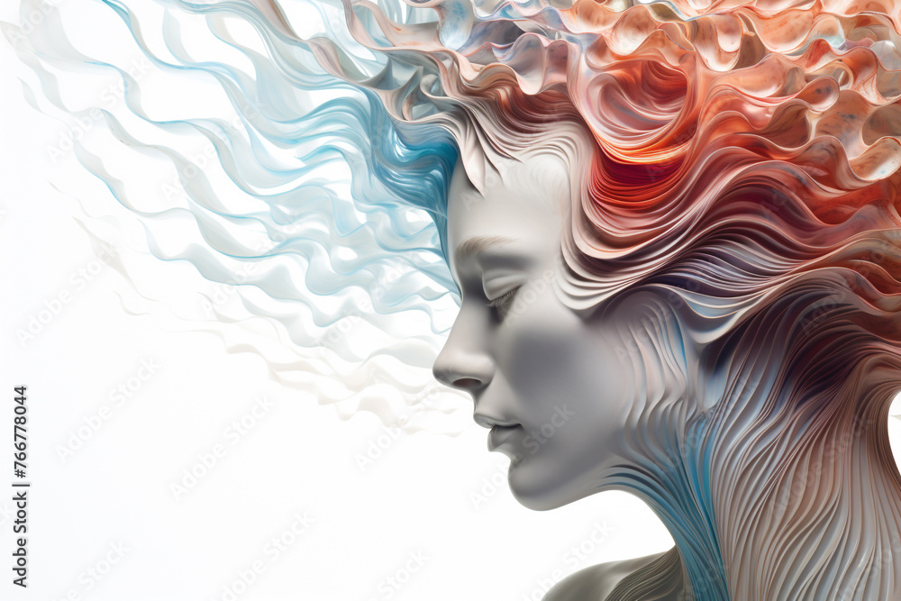 Beauty, fashion, states of mind, fine-art concept. Beautiful and surreal woman portrait made of colorful wavy pattern. Futuristic, minimalist and surreal style