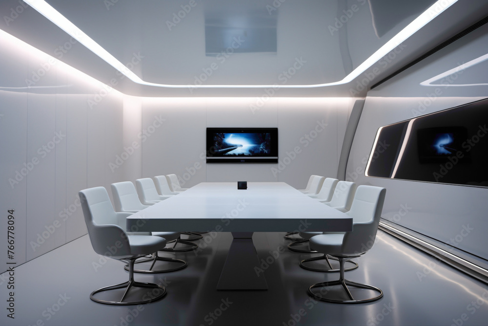 A high-tech meeting space with futuristic furniture and subtle lighting. A large, empty white frame on the wall adds a touch of sophistication to the room.
