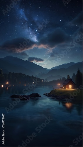 Night time Seascape with Mountains in the Background under a Colorful Sky