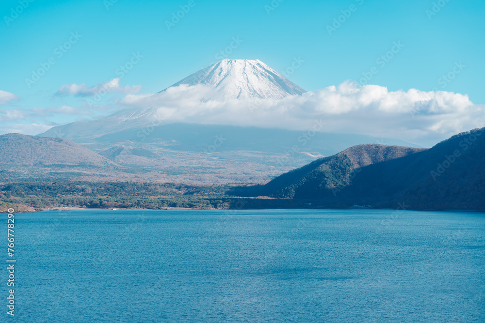 Mount Fuji at lake Motosu near Kawaguchiko, one of the Fuji Five Lakes located in Yamanashi, Japan. Landmark for tourists attraction. Japan Travel, Destination, Vacation and Mount Fuji Day concept Mount Fuji at lake Motosu near Kawaguchiko, one of the Fuji Five Lakes located in Yamanashi, Japan. Landmark for tourists attraction. Japan Travel, Destination, Vacation and Mount Fuji Day concept