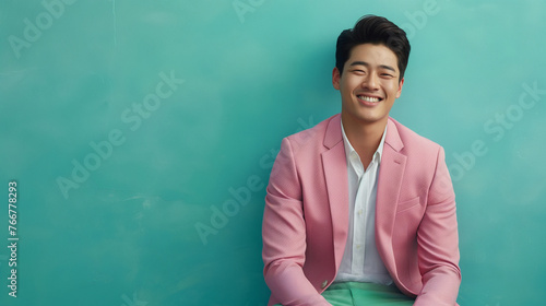 Portrait of Korean asian handsome smile friendly Business model man in pink suit sitting on teal color background professional photography.