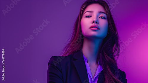 Portrait of young beautiful businesswoman wearing suit on purple color background professional photography.