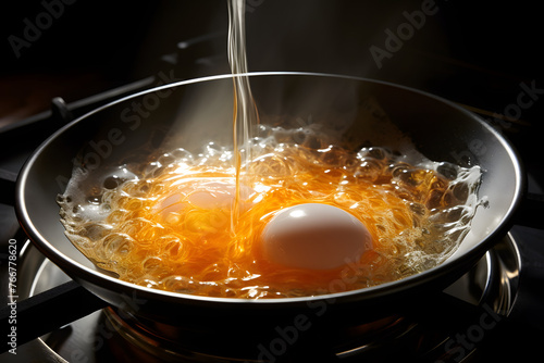 cooking scrambled eggs in a frying pan. kitchen and food.