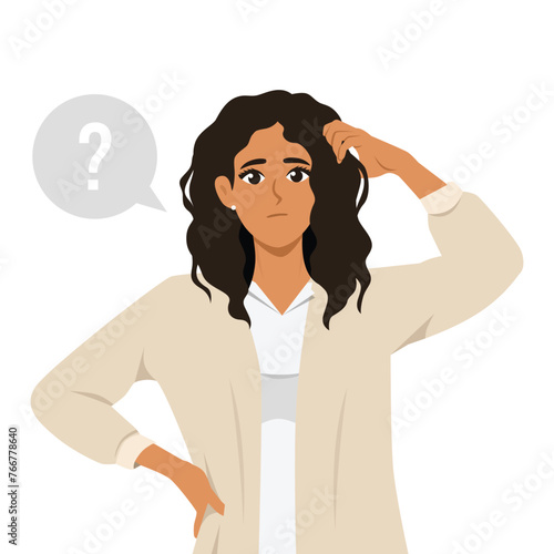 Young beautiful woman scratching her head. Puzzled girl scraping hair, feeling doubt or hesitating. Flat Vector Illustration Isolated on White Background