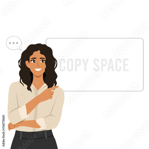 Young beautiful woman pointing finger at copy space. Flat Vector Illustration Isolated on White Background