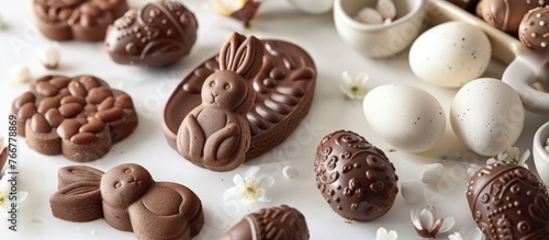 Chocolate eggs and Easter bunny-shaped cookies are displayed on a white background, adding to the assortment of treats on the Easter table.